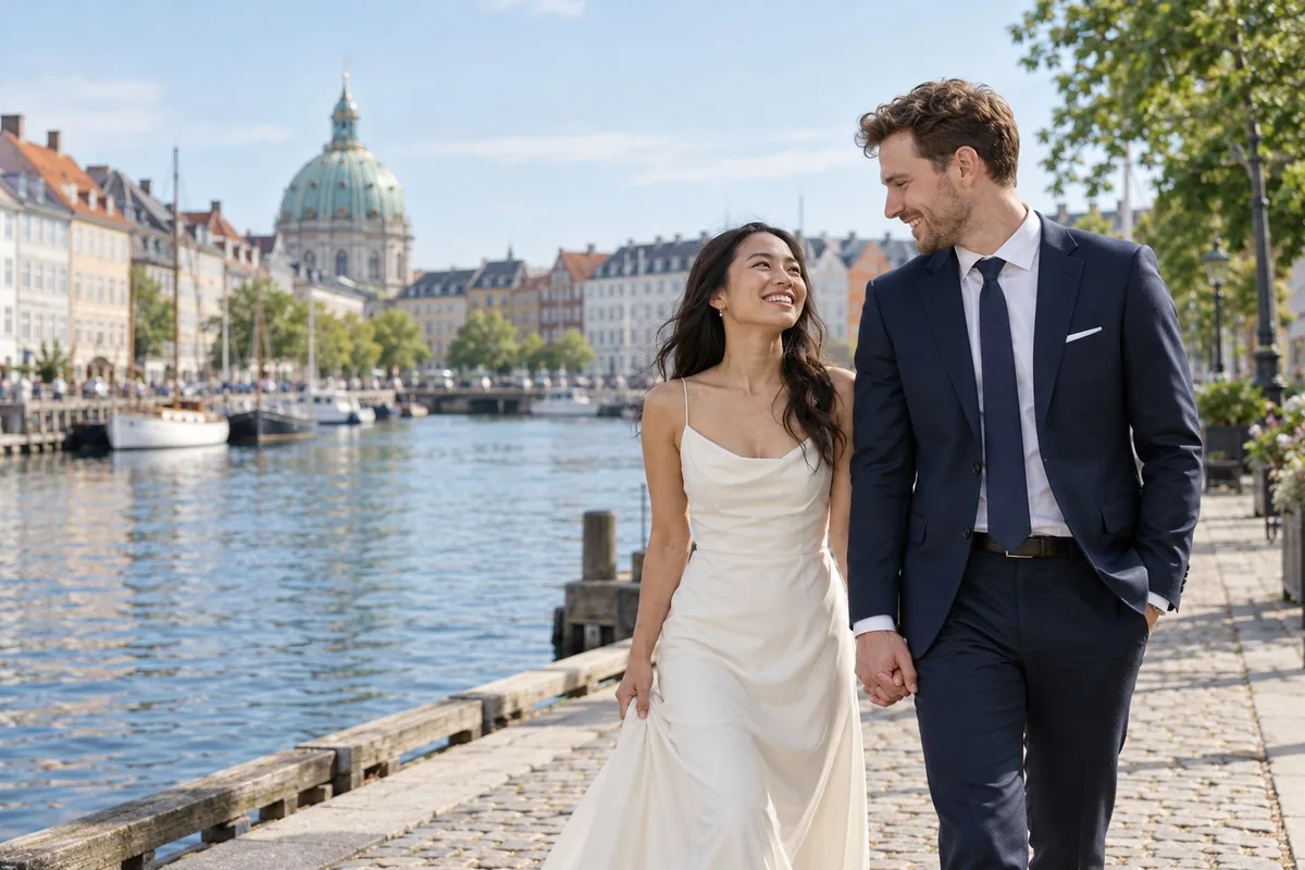 Et par går hånd i hånd ved vandet i København